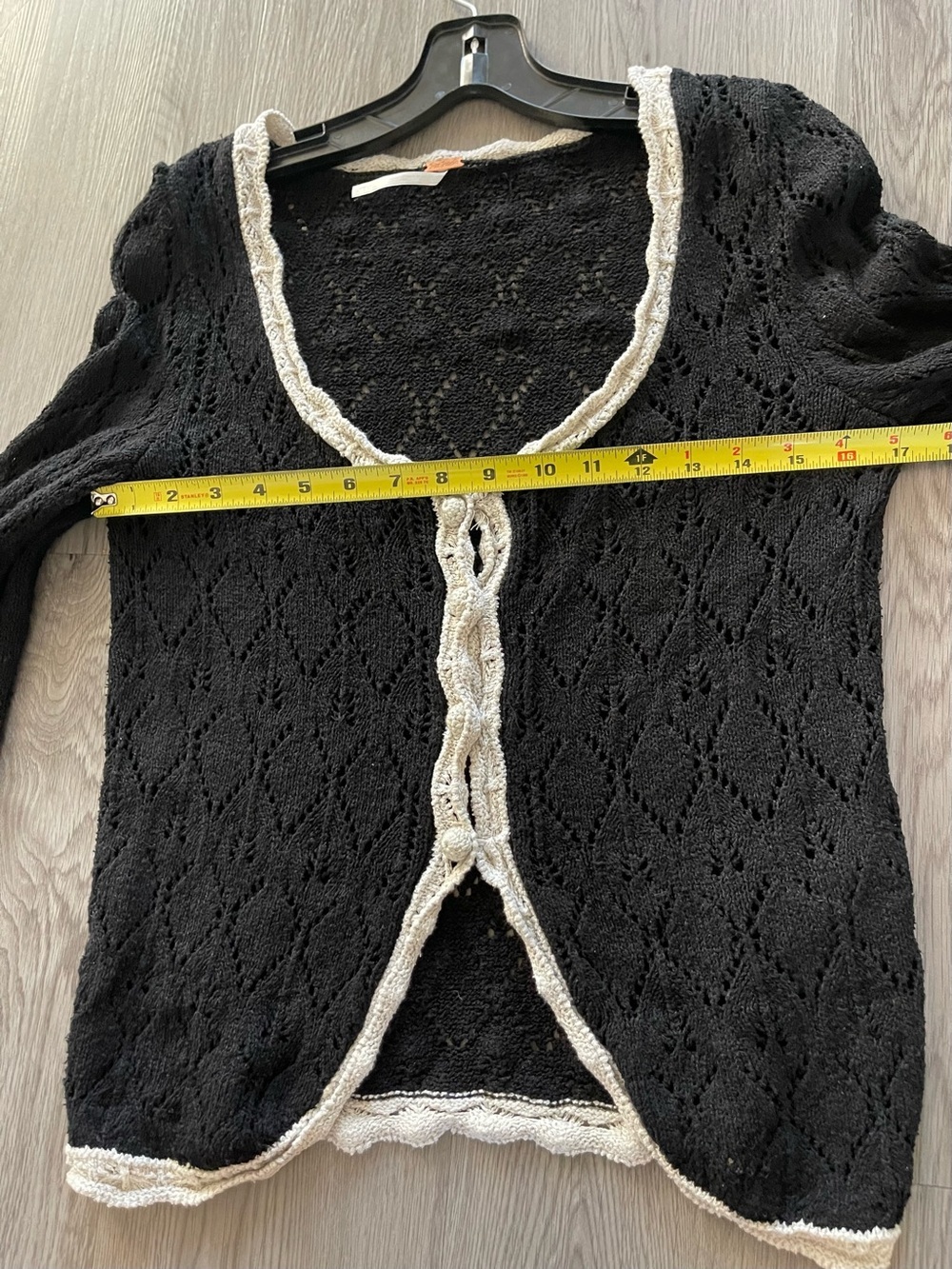 Free People Adelene Black Open-Knit Cardigan with Cream Trim - Picture 6 of 7